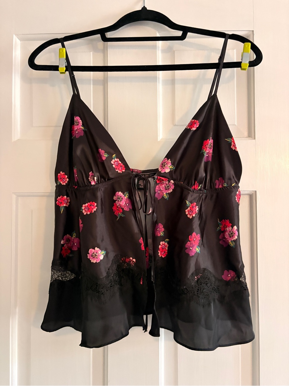 Victoria's Secret Black Satin Floral Camisole with Pink Flowers